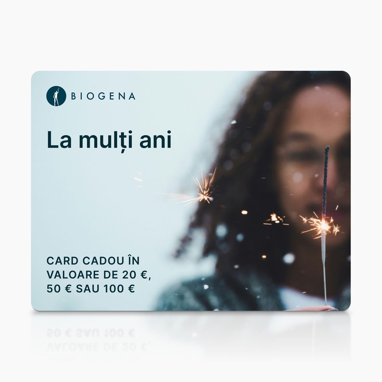 Card cadou BIOGENA, text, persoană neclară, artificiu de mână, scântei
