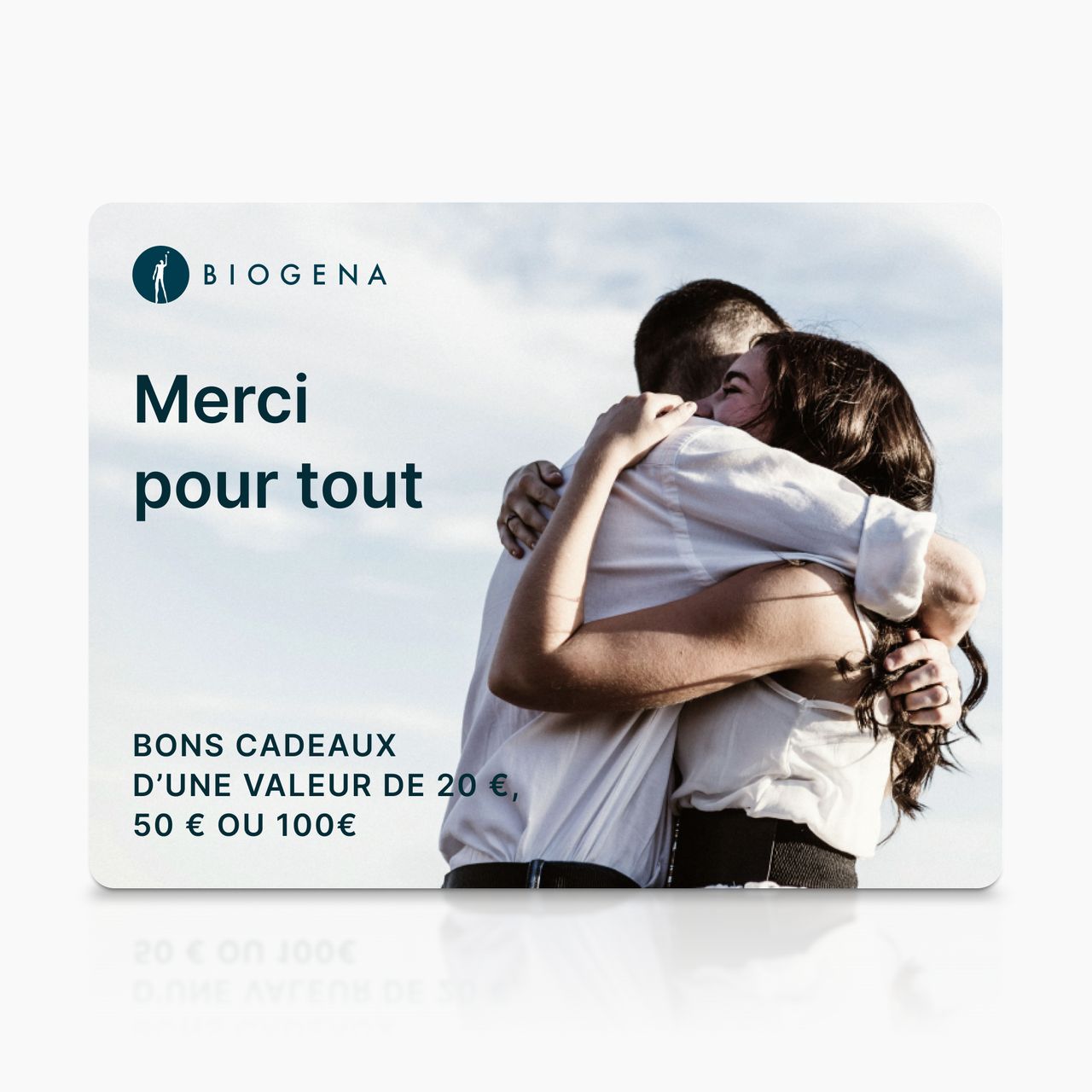 Carte cadeau BIOGENA, texte Ďakujeme za všetko, couple enlacé, ciel, reflet