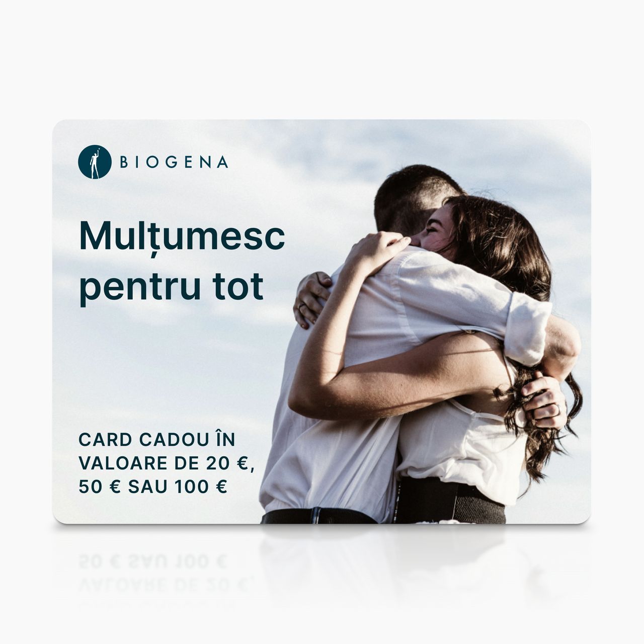 Card cadou BIOGENA, text Ďakujeme za všetko, cuplu îmbrățișat, cer, reflexie