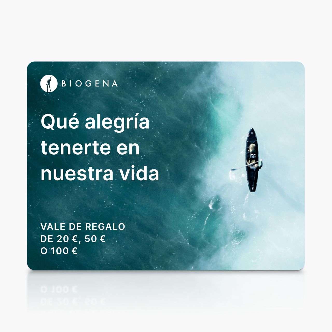 Tarjeta regalo BIOGENA, tarjeta, texto, superficie de agua, kayak con pala
