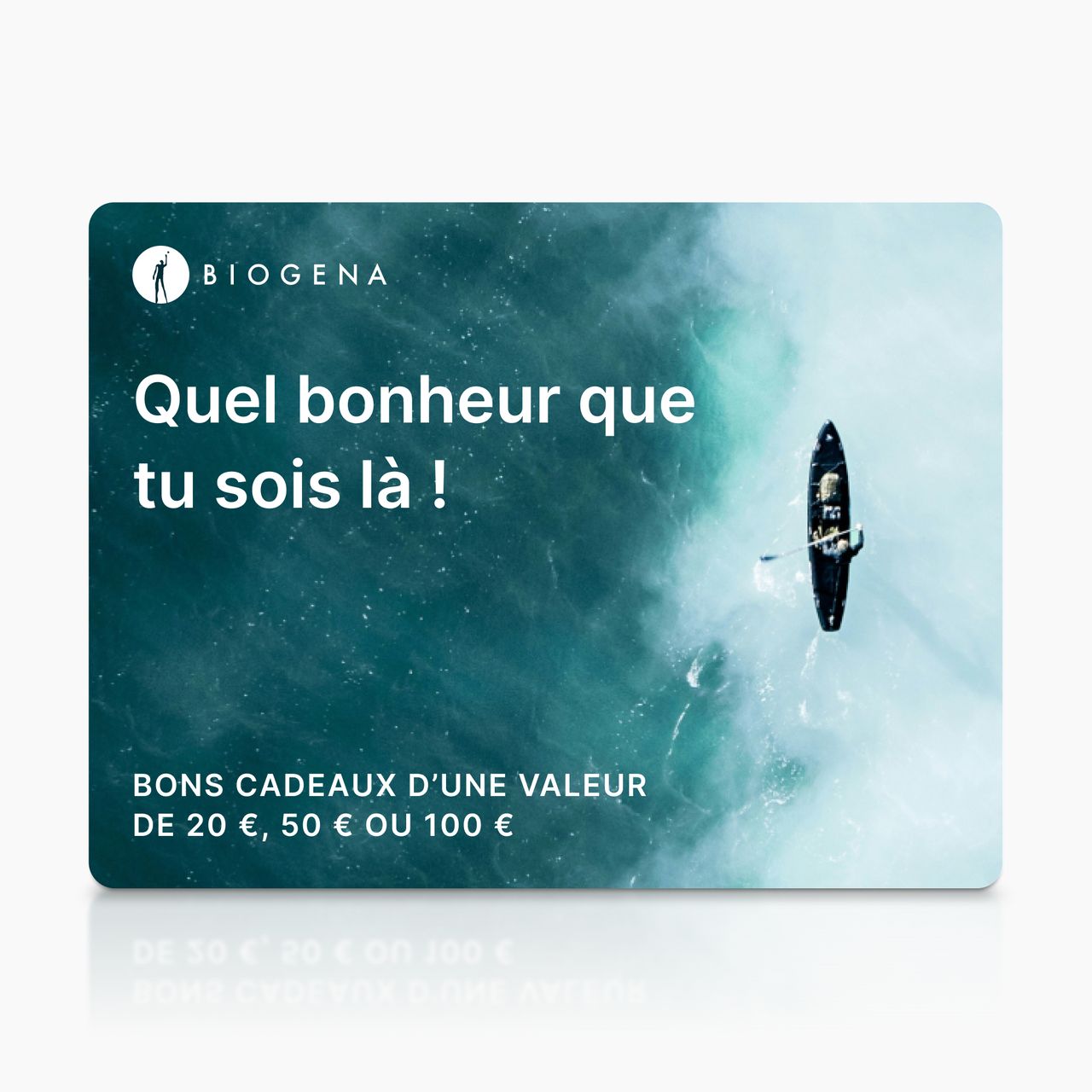 Carte-cadeau BIOGENA, carte, texte, surface d’eau, kayak avec pagaie