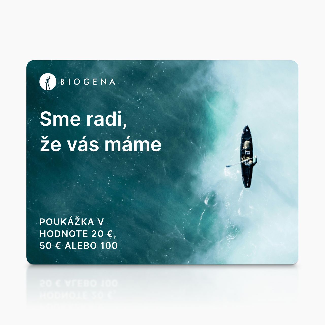 Darčeková poukážka BIOGENA, karta, text, hladina vody, kajak s pádlom