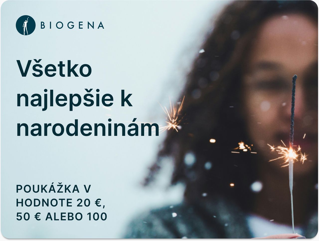 Darčeková poukážka BIOGENA, text, rozmazaná osoba, prskavka, iskry