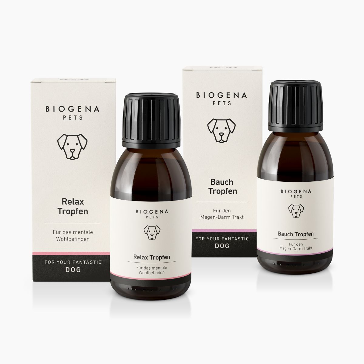 Product image of BIOGENA PETS Relax Drops and Belly Drops for dogs. Shown are one box and one dropper bottle of each product. Relax Drops support mental well-being, while Belly Drops support the gastrointestinal tract.