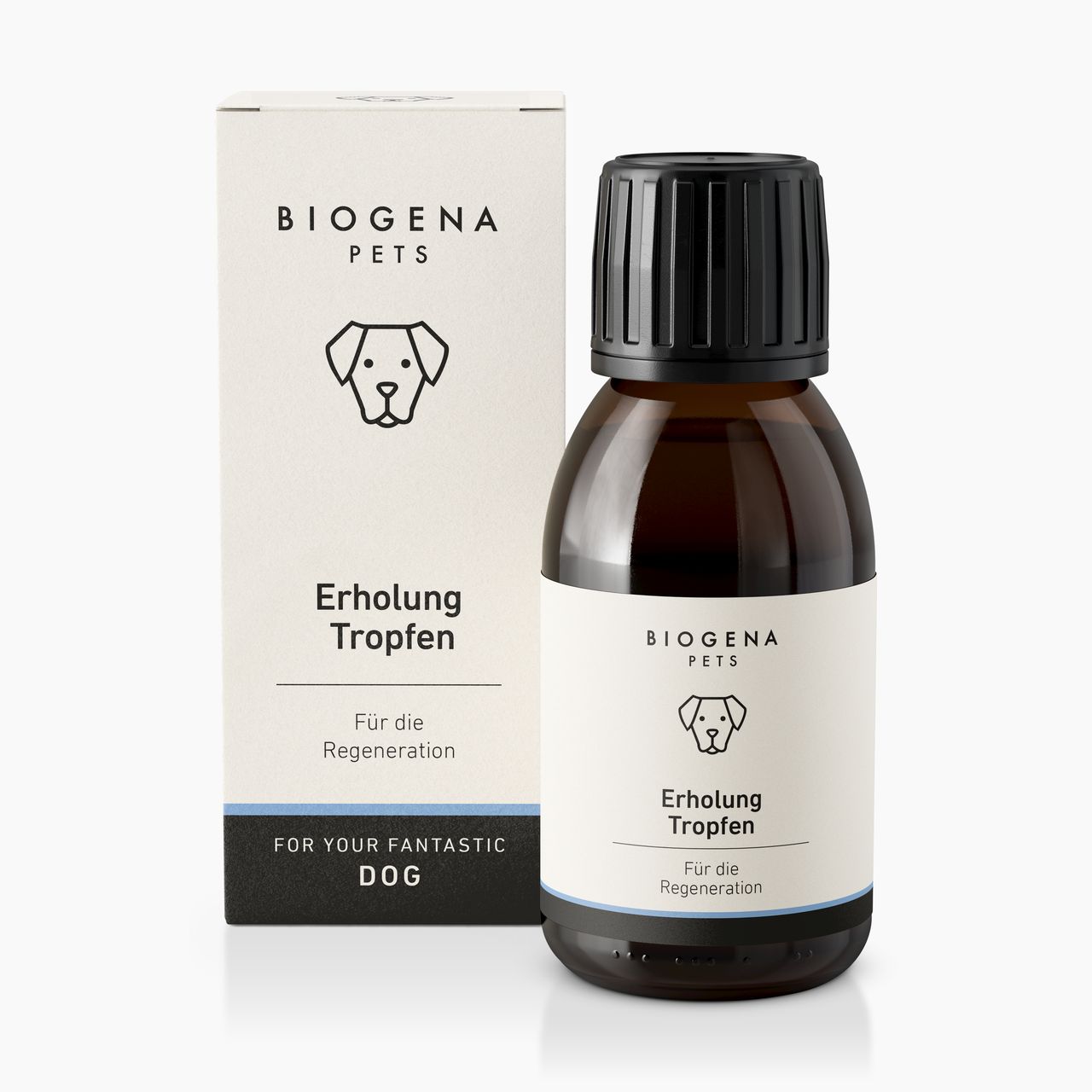 BIOGENA PETS Erholung Tropfen, Faltschachtel und Braunglasflasche, schwarzer Deckel, schwarzer Hintergrund