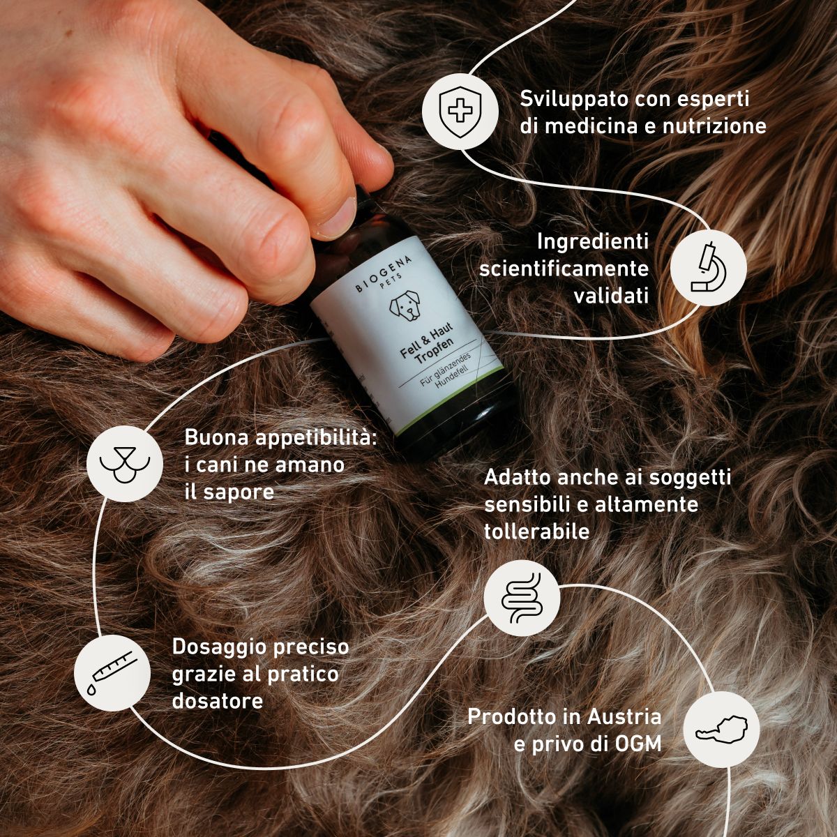 Flacone di gocce BIOGENA PETS per pelo e pelle, appoggiato sul manto di un cane. Formula ipoallergenica e altamente digeribile, sviluppata con esperti e prodotta in Austria senza OGM.