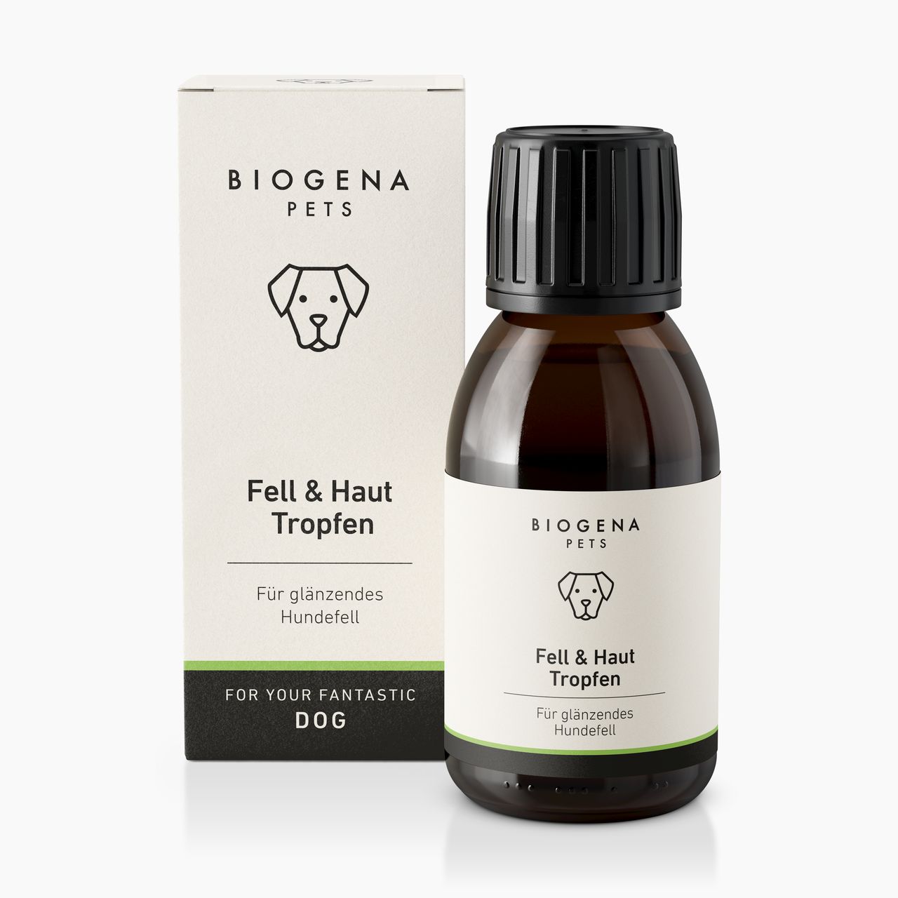 BIOGENA PETS Fell & Haut Tropfen, Karton und braune Flasche, schwarzer Hintergrund