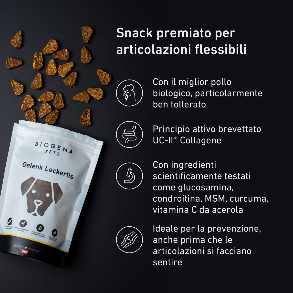 Snack BIOGENA PETS per le articolazioni con pollo biologico, collagene UC-II®, glucosamina, condroitina, MSM, curcuma e vitamina C.