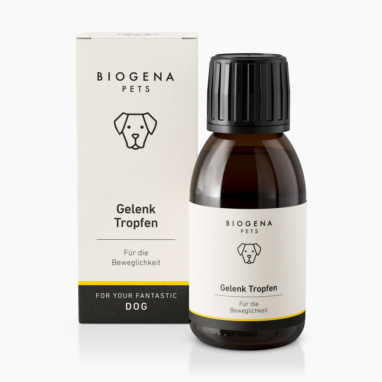 Biogena Pets Gelenk Tropfen, Faltschachtel und Flasche, Hundesymbol, schwarzer Hintergrund