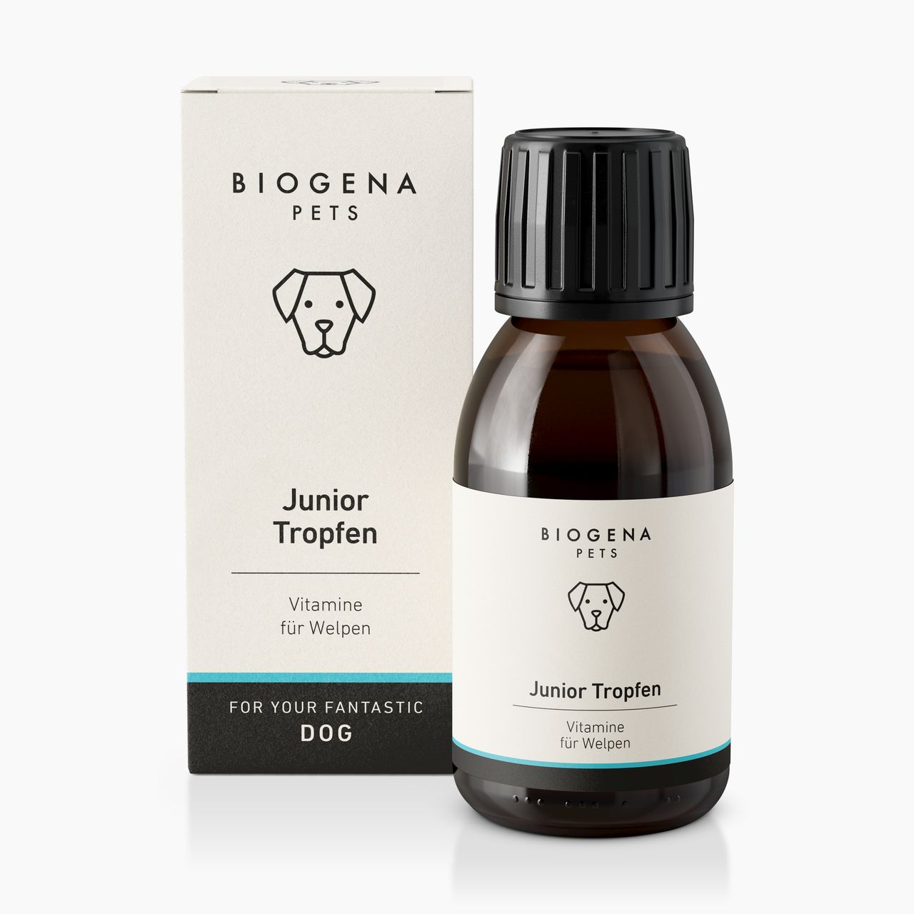 BIOGENA PETS Junior Tropfen Faltschachtel und Flasche, Hundesymbol, schwarzer Hintergrund