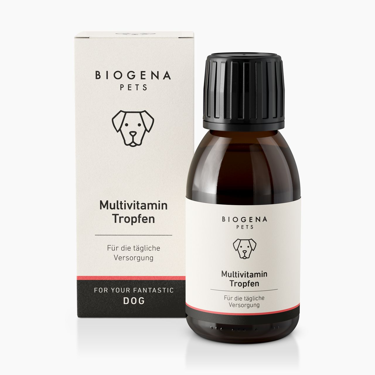 Biogena Pets Multivitamin Tropfen, Faltschachtel, Flasche, Deckel, schwarzer Hintergrund