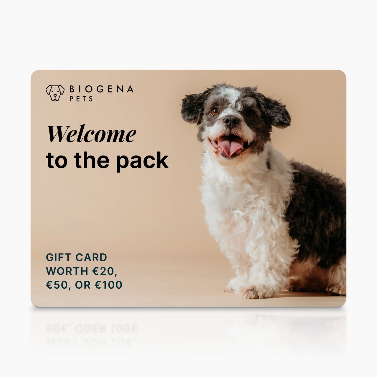 BIOGENA PETS Gift Card, dog, text Welcome to the pack, beige background