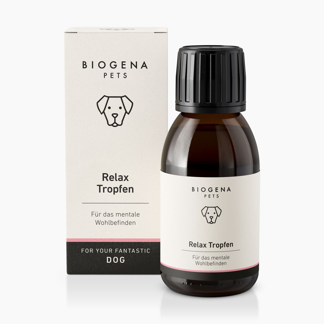 BIOGENA PETS Relax Tropfen, Faltschachtel, braune Flasche, schwarzer Hintergrund