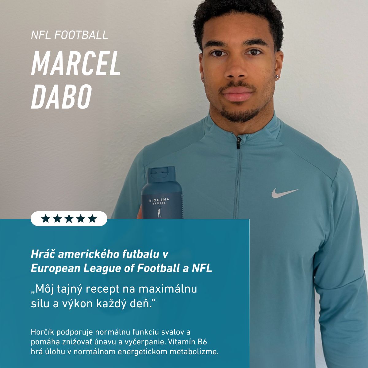 Hráč amerického futbalu Marcel Dabo drží produkt BIOGENA SPORTS. Text zdôrazňuje podporu sily a výkonu a uvádza účinky horčíka a vitamínu B6.