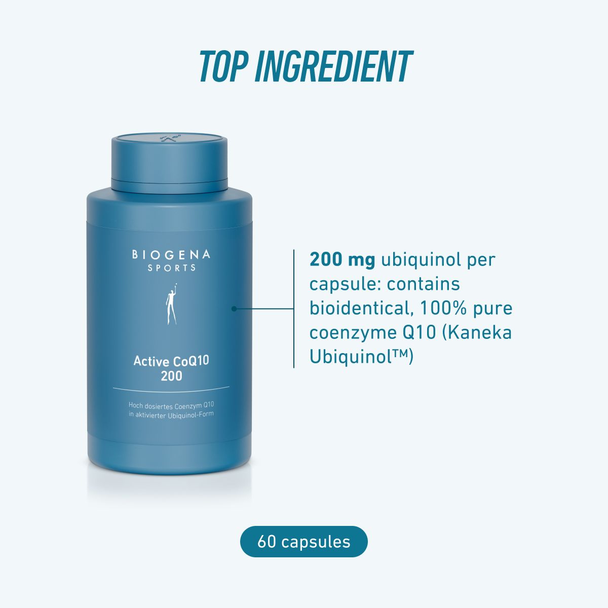 BIOGENA SPORTS Active CoQ10 200 with 200 mg ubiquinol per capsule. Contains bioidentical, 100% pure coenzyme Q10 as Kaneka Ubiquinol™. 60 capsules.