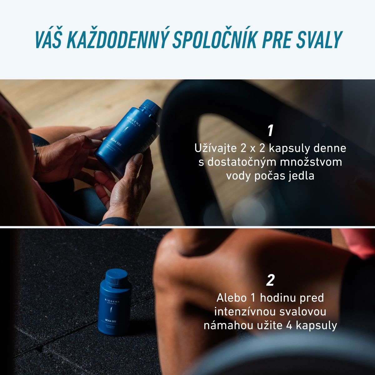 Grafika vysvetľuje odporúčané užívanie BIOGENA SPORTS BCAA 500: 2×2 kapsuly denne s dostatočným množstvom vody počas jedla alebo 4 kapsuly hodinu pred intenzívnou svalovou záťažou.