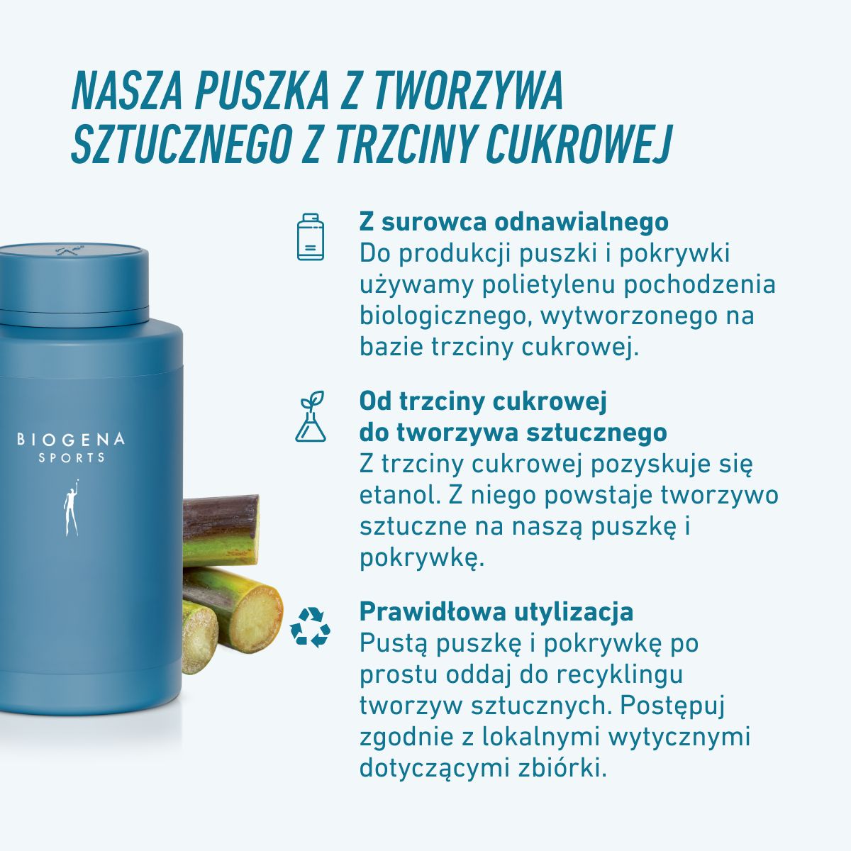 Opakowanie BIOGENA SPORTS z biopochodnego polietylenu na bazie trzciny cukrowej. Odnawialny surowiec jest przetwarzany w tworzywo na pojemnik i wieczko. Puste opakowanie należy wyrzucić do plastiku zgodnie z lokalnymi za