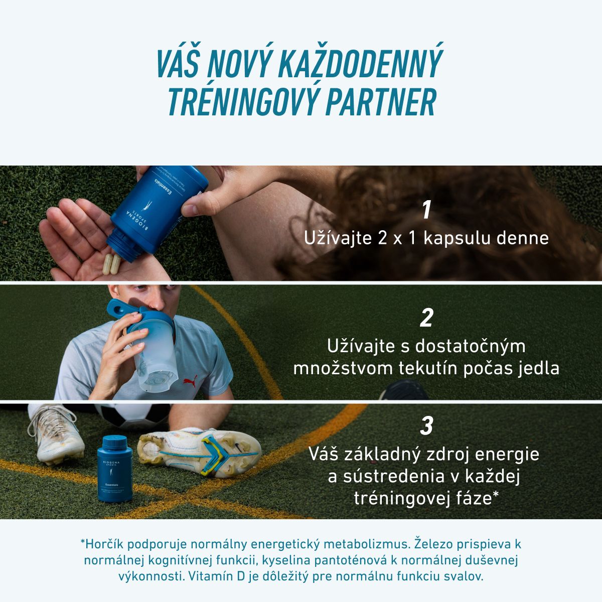 Tri kroky používania BIOGENA SPORTS Essentials: užívajte 2×1 kapsulu denne, zapite dostatočným množstvom tekutín počas jedla a podporte energiu a sústredenie v každej tréningovej fáze.