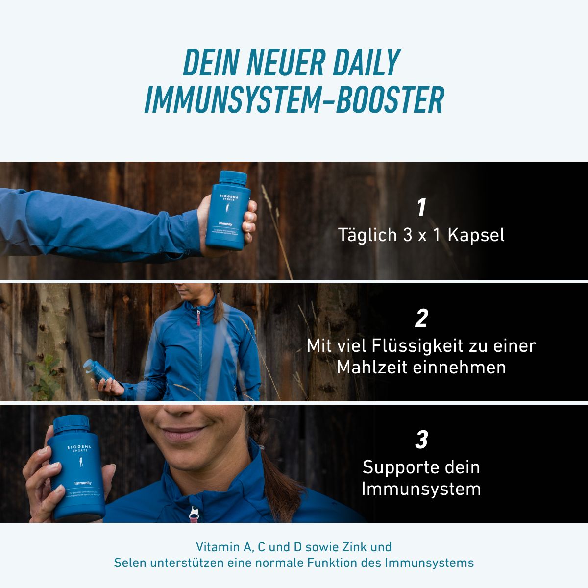 Uso de BIOGENA SPORTS Immunity: tomar una cápsula tres veces al día con abundante líquido durante una comida. Las vitaminas A, C y D, el zinc y el selenio contribuyen al funcionamiento normal del sistema inmunitario.