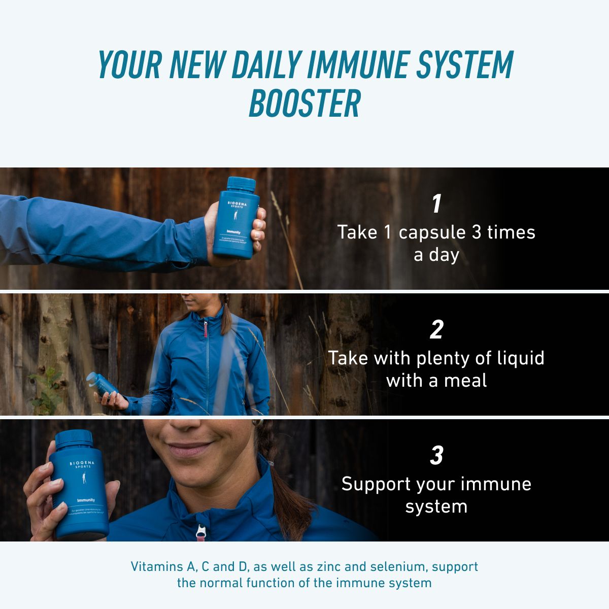 BIOGENA SPORTS Immunity for daily immune support: take one capsule three times a day with plenty of liquid and with a meal.