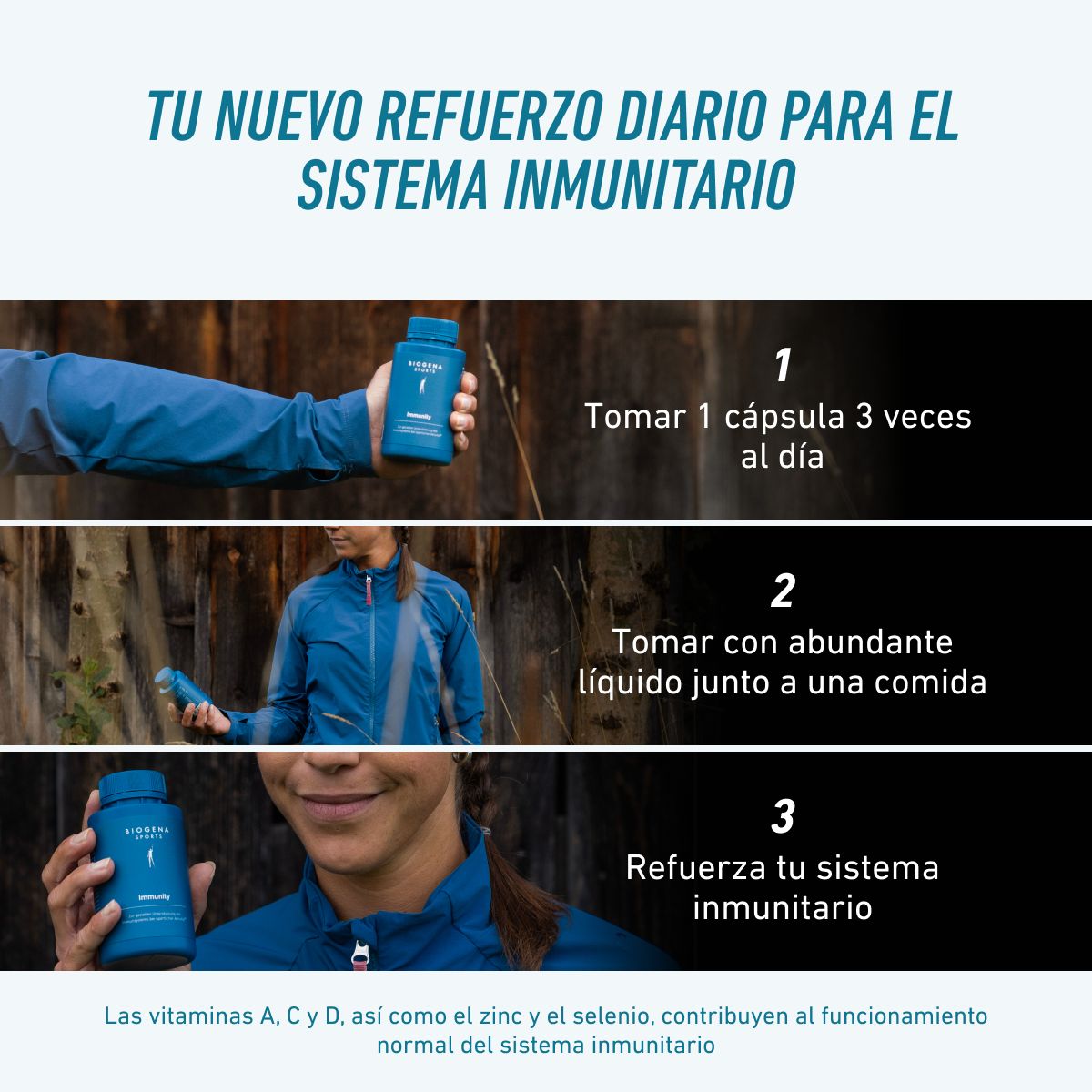 Uso de BIOGENA SPORTS Immunity: tomar una cápsula tres veces al día con abundante líquido durante una comida. Las vitaminas A, C y D, el zinc y el selenio contribuyen al funcionamiento normal del sistema inmunitario.