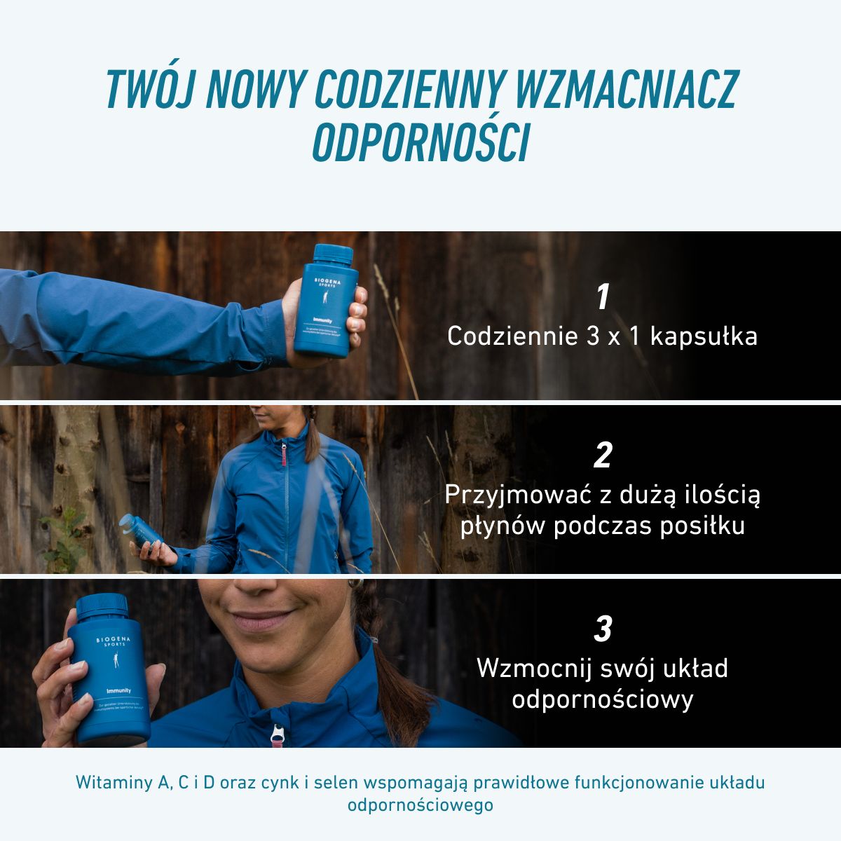 BIOGENA SPORTS Immunity dla codziennego wsparcia odporności: przyjmować jedną kapsułkę trzy razy dziennie, popijając dużą ilością płynu podczas posiłku.