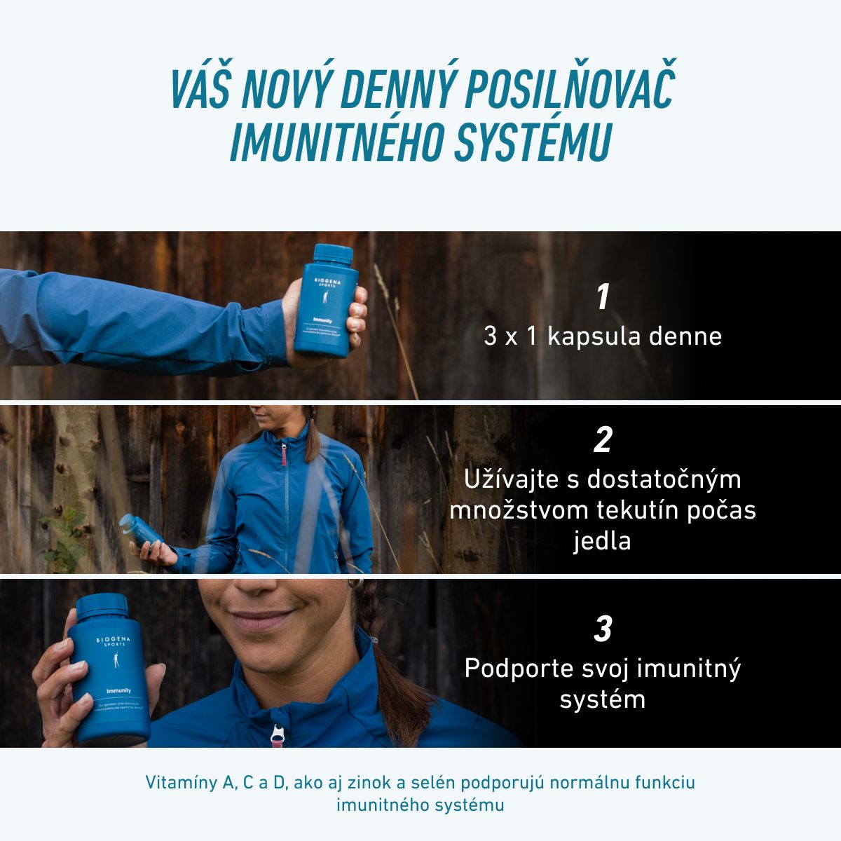 Obrázkový návod na užívanie BIOGENA SPORTS Immunity: 1 kapsula 3-krát denne s dostatkom tekutiny počas jedla. Vitamíny A, C, D, zinok a selén podporujú normálnu funkciu imunitného systému.