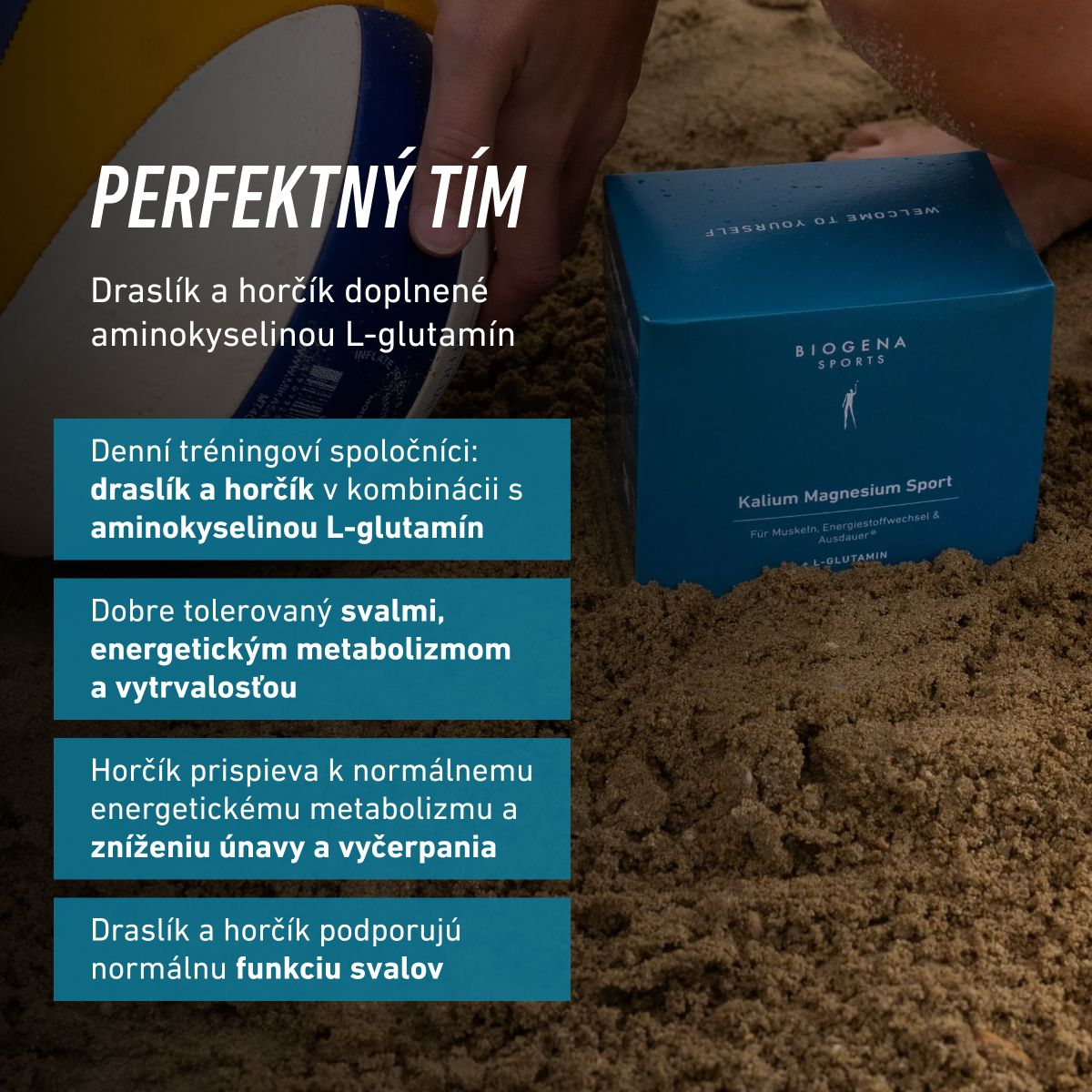 BIOGENA SPORTS Kalium Magnesium Sport s draslíkom, horčíkom a L-glutamínom. Horčík podporuje energetický metabolizmus a zníženie únavy, draslík a horčík normálnu funkciu svalov.