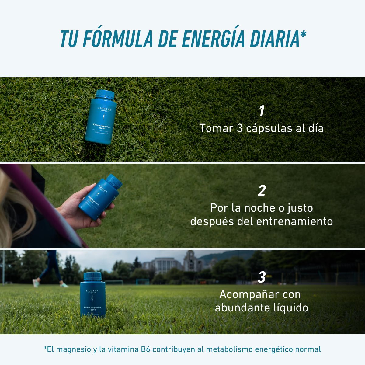 Modo de empleo de BIOGENA SPORTS Potasio Magnesio Taurina: tomar 3 cápsulas al día, por la noche o inmediatamente después del ejercicio, con abundante líquido.