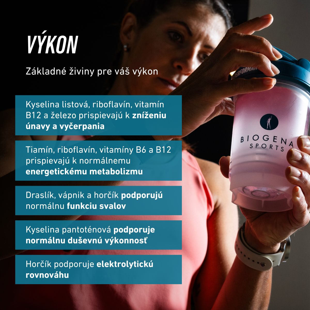 Športovkyňa s nápojom BIOGENA SPORTS Performance. Obsahuje živiny podporujúce energetický metabolizmus, normálnu funkciu svalov, duševnú výkonnosť a elektrolytickú rovnováhu.