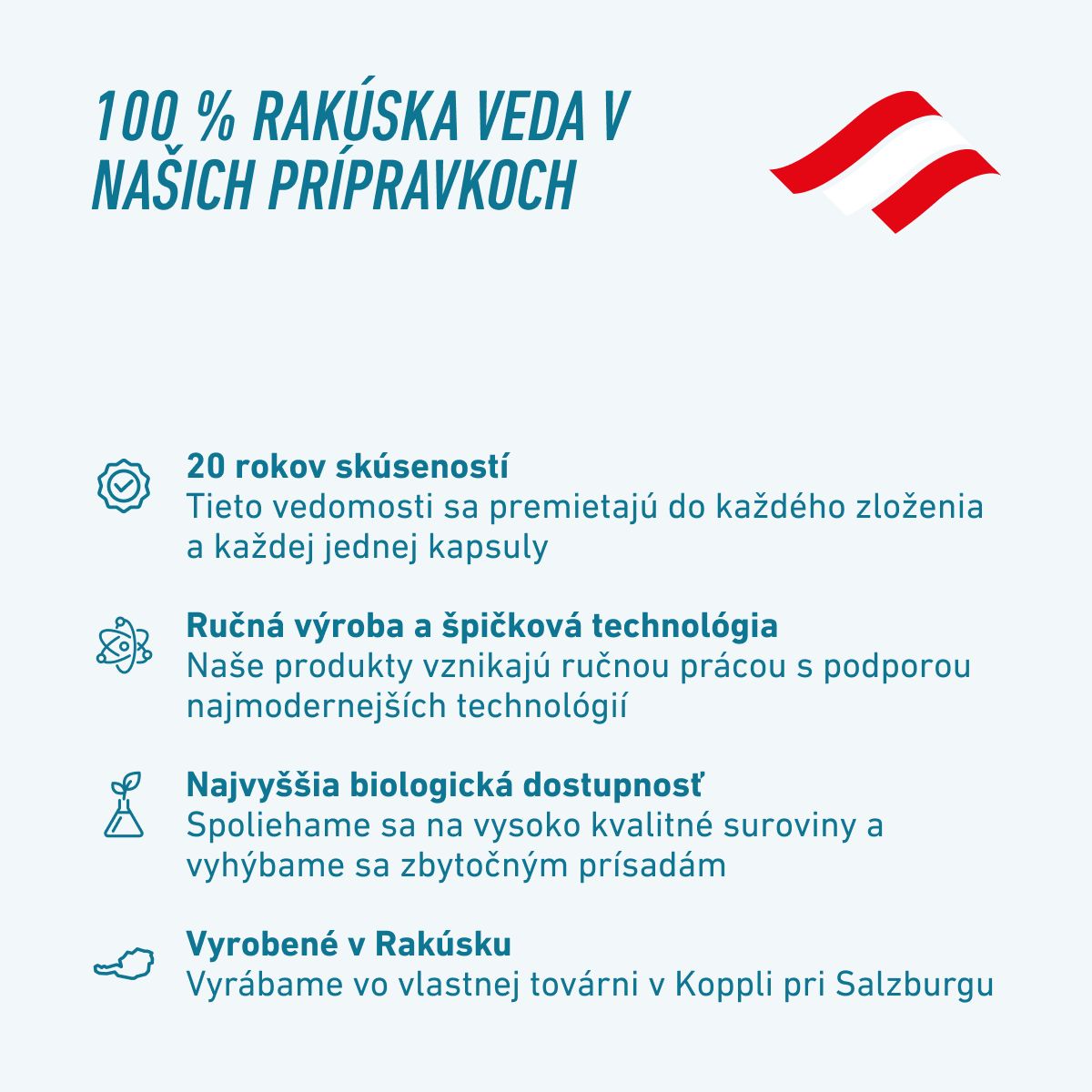 Grafika BIOGENA SPORTS zdôrazňuje 100 % rakúsku vedu, 20 rokov skúseností, ručnú výrobu so špičkovou technológiou, vysokú biologickú dostupnosť a výrobu vo vlastnej továrni v Koppli pri Salzburgu.