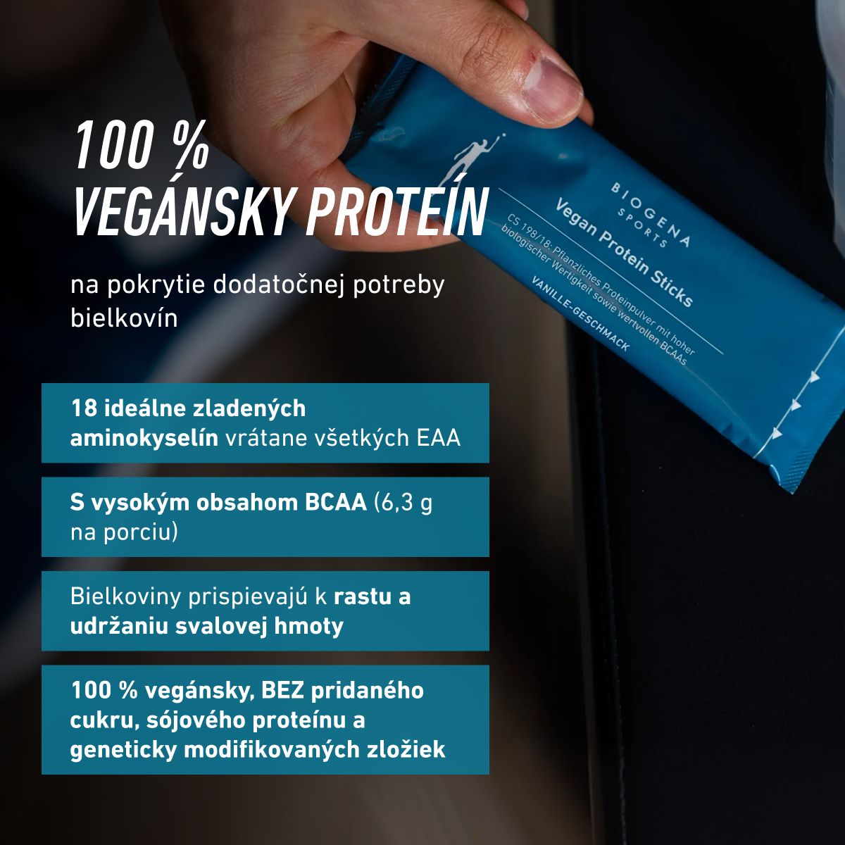 BIOGENA SPORTS Vegan Protein Sticks sú 100 % vegánsky proteín s 18 aminokyselinami, všetkými EAA a 6,3 g BCAA na porciu. Bielkoviny prispievajú k rastu a udržaniu svalovej hmoty.