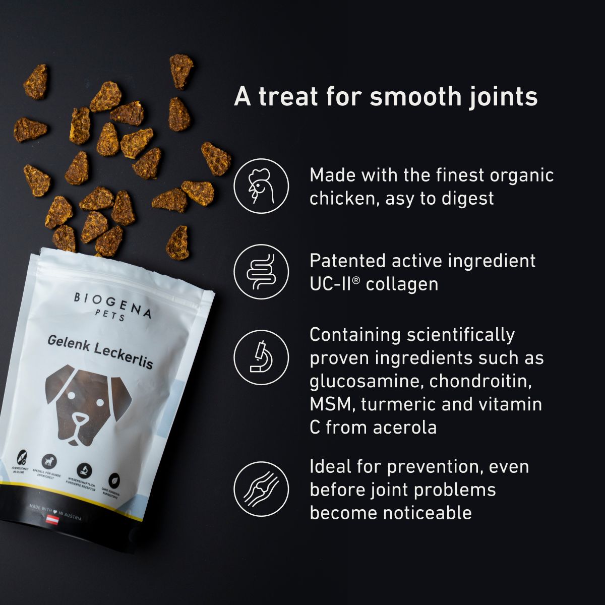 Biogena Pets Gelenk Leckerlis pouch, dog treats, text and icons, dark background