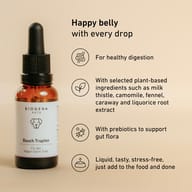 BIOGENA PETS Bauch Tropfen dropper bottle, Happy belly text, icons, beige background
