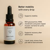 Biogena Pets Gelenk Tropfen dropper bottle, text and icons on beige background