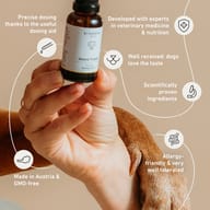 BIOGENA PETS Gelenk Tropfen amber glass bottle, hand, dog paw, icons, English text