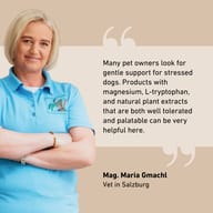 Woman in blue polo shirt with folded arms, quote text, name and title