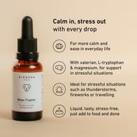 BIOGENA PETS Relax Tropfen dropper bottle, English text, icons, beige background