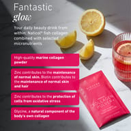 BIOGENA Aesthetics Premium Collagen Powder+ sachet with lemons and a pink drink. The image highlights marine collagen, glycine, zinc and biotin, with claims supporting normal skin, hair and protection of cells from oxida