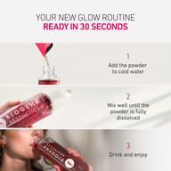 Three-step preparation guide for BIOGENA Aesthetics collagen powder: add the powder to cold water, mix until fully dissolved, then drink and enjoy. The images show the powder being poured, shaken in a bottle and consumed