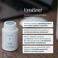 Fľaša BIOGENA Antistress Formula® na stole spolu s informáciami o účinkoch jednotlivých zložiek. Horčík prispieva k normálnemu fungovaniu nervového systému a psychiky, zatiaľ čo kyselina pantoténová prispieva k normálnej