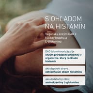 Strava s ohľadom na histamín: vegánsky enzým DAO z hrachových klíčkov s L-glutamínom. DAO je telu vlastný enzým, ktorý rozkladá histamín. Dopĺňa stravu s ohľadom na histamín.