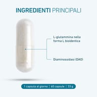 Viene presentata una capsula con gli ingredienti di alta qualità di BIOGENA DaoZym® Vegan. Il testo mette in evidenza la L-glutammina in una forma altamente biodisponibile e l'enzima diamino ossidasi (DAO).