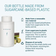 BIOGENA container made from bio-based polyethylene derived from sugar cane. The renewable raw material is processed into plastic for the container and lid. Dispose of the empty packaging in plastic recycling according to
