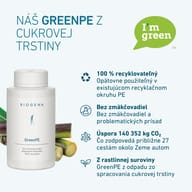 Obal BIOGENA GreenPE z rastlinnej suroviny získanej z odpadu zo spracovania cukrovej trstiny. Je 100 % recyklovateľný, bez zmäkčovadiel a prispieva k úspore CO₂.