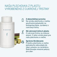Obal BIOGENA z biologického polyetylénu na báze cukrovej trstiny. Obnoviteľná surovina sa spracúva na plast pre nádobu a viečko. Prázdny obal odovzdajte na recykláciu plastov podľa miestnych pravidiel.