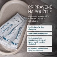 BIOGENA L-Glutamin 3000 v praktických vrecúškach na doplnenie denného príjmu glutamínu. Všestranná aminokyselina vhodná na každý deň, pri športe aj v období stresu.