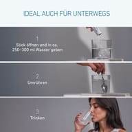 Zubereitung von BIOGENA L-Glutamin 3000 in drei Schritten: Stick in 250–300 ml Wasser geben, umrühren und trinken. Praktisch und ideal für unterwegs.