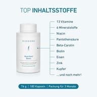 BIOGENA Nutrifem® Basic z 13 witaminami, 6 minerałami, niacyną, kwasem pantotenowym, beta-karotenem, biotyną, żelazem, cynkiem i miedzią. 180 kapsułek na 3 miesiące.
