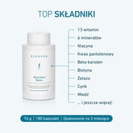 BIOGENA Nutrifem® Basic z 13 witaminami, 6 minerałami, niacyną, kwasem pantotenowym, beta-karotenem, biotyną, żelazem, cynkiem i miedzią. 180 kapsułek na 3 miesiące.